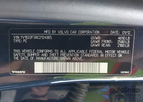 2012 Volvo S60 T5 from USA, damaged, VIN YV1622FS8C2124965